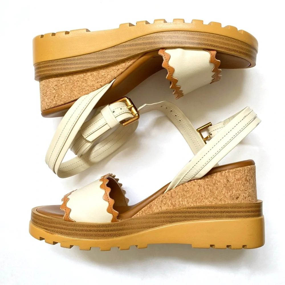 SEE BY CHLOE ROBIN BROWN TAN WHITE ANKLE WRAP BICOLOR PLATFORM WEDGE SANDALS - Picture 6 of 14